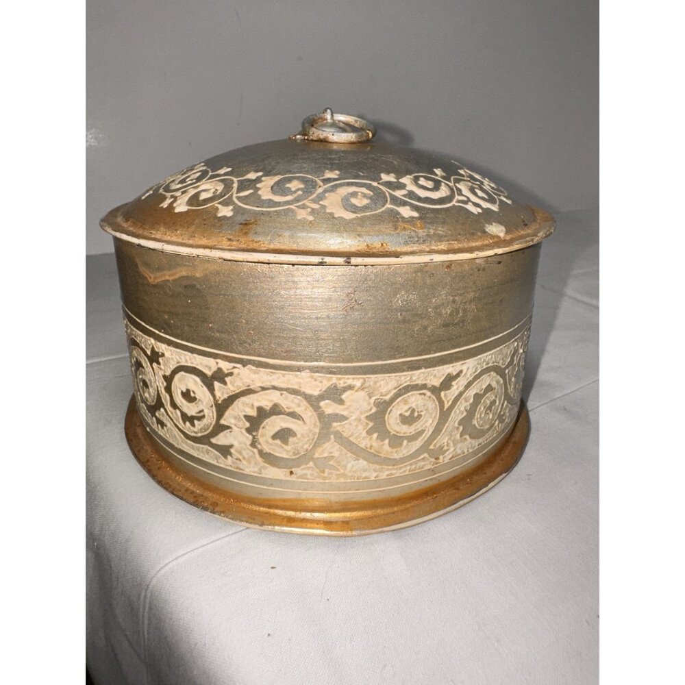 Vintage Gold & Silver Tin Round Storage Box With Lid Decorative Floral Scroll De - Picture 8 of 10